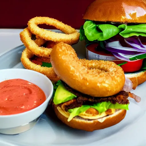 Image similar to one sandwich with fried tofu, one red tomato slice, mayonnaise, one fried onion ring, avocado, melted cheddar, over a red dish that is on a table, with a sunset and rainbow in the background with saturn and stars in the sky