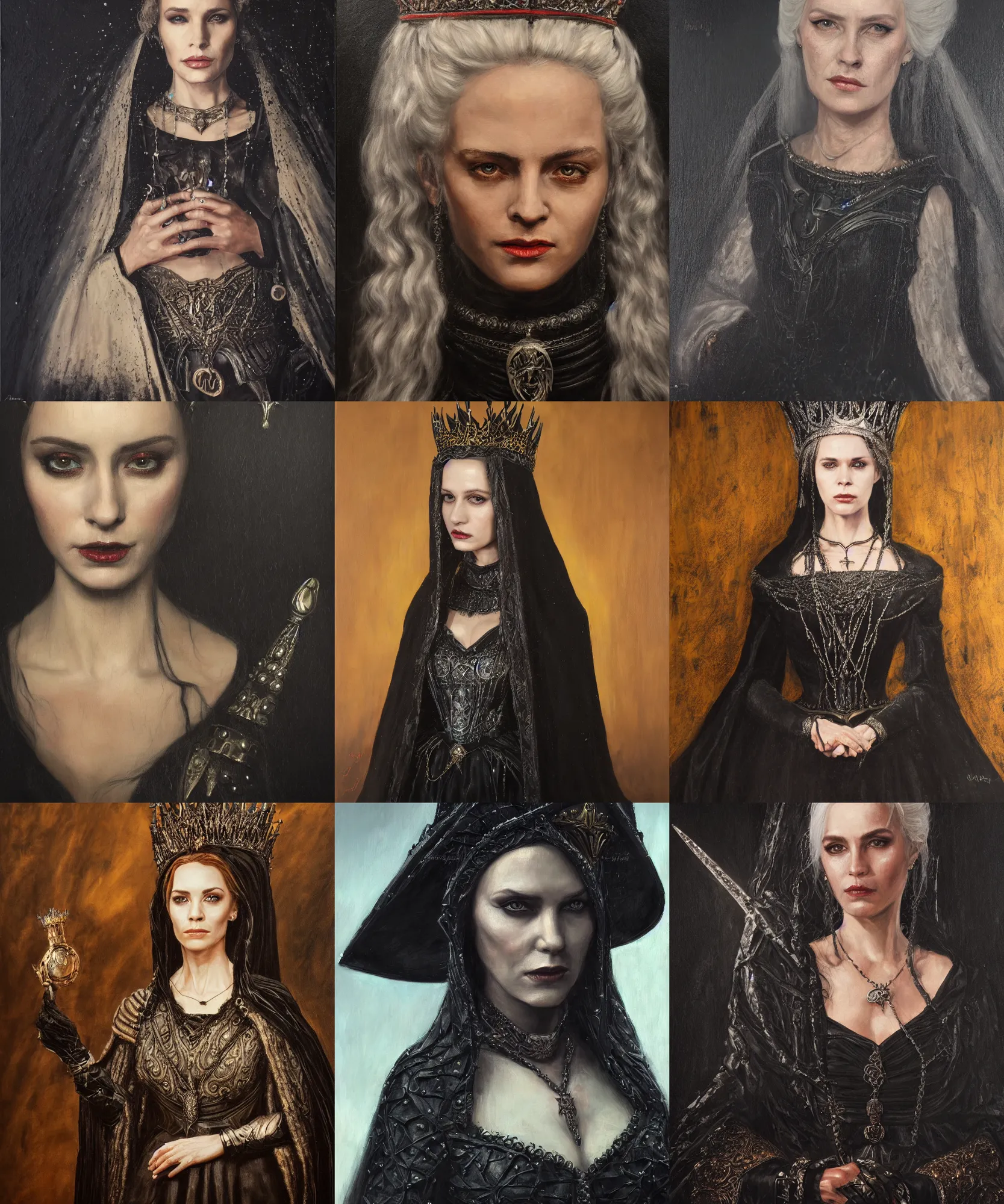 Prompt: The portrait of Lady in black wax crown by John Riley, dark fantasy, witcher, very detailed oil painting, masterpiece, 8k