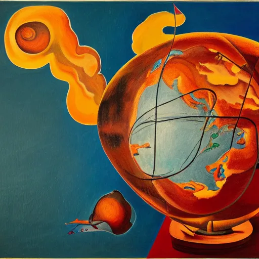 Image similar to a highly detailed painting of the world globe in flames, inspired by dali, matisse, david hockney, trending on artstation, 4 k