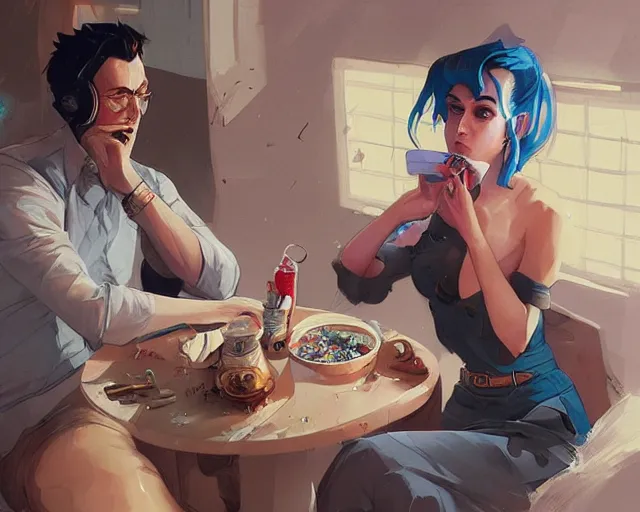 Prompt: katy perry eating cigarette soup, jesper ejsing, ismail inceoglu, artstation