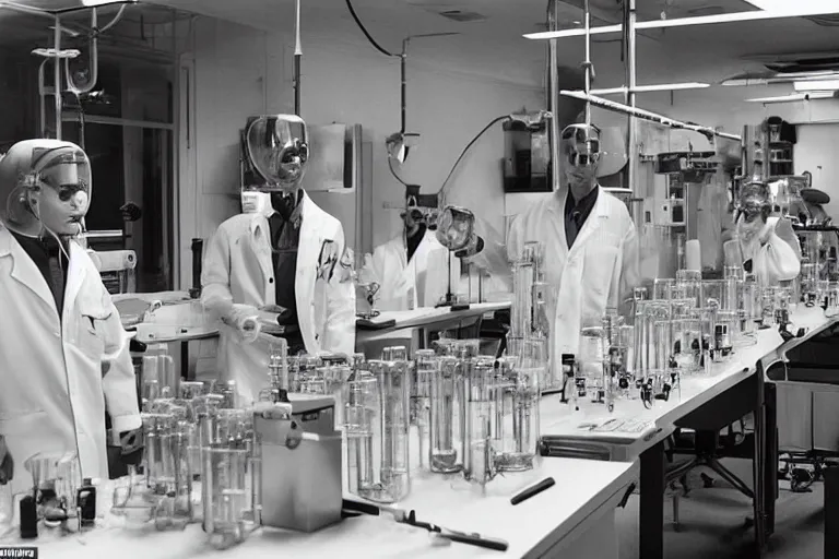Image similar to reckless!!! whimsical! scientists in a lab inventing, presentation, tables overloaded with doomsday devices and beakers and test tubes