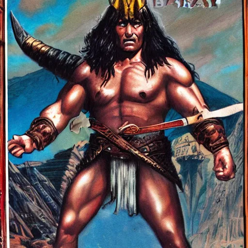 Prompt: conan the barbarian bare handed, egyptian landscape, comic book cover