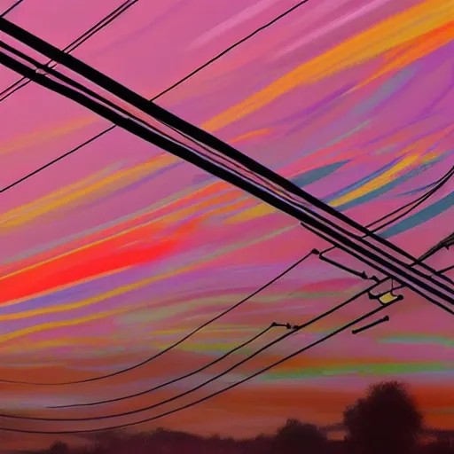 Prompt: colorful bouncing wires on power lines at sunset, beautiful painting, realistic, 4 k, trending on artstation