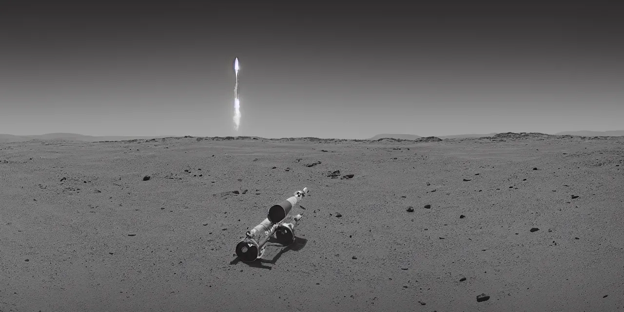 Prompt: black and white photo of a rocket landing on mars, stars and space in the dark background, cinematic film still, sharp focus, high contrast, wide angle view, astrophotography, 4 k