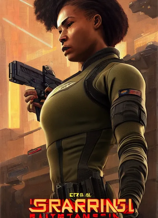 Image similar to Sgt. Maria igbo. Strong cyberpunk female USN marine wearing a military vest and powerful military cyberpunk exo-suit (cyberpunk 2077, bladerunner 2049). gorgeous face. Iranian orientalist portrait by john william waterhouse and Edwin Longsden Long and Theodore Ralli and Nasreddine Dinet, oil on canvas. Cinematic, hyper realism, realistic proportions, dramatic lighting, high detail 4k