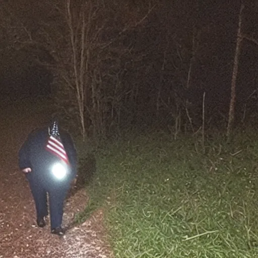 Prompt: creepy trail cam footage of an obese Donald trump hiding in the darkness