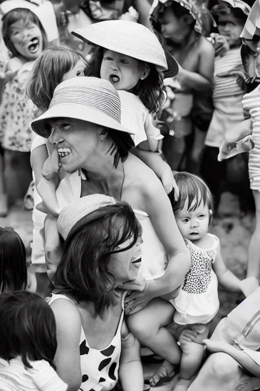 Prompt: “an exhausted beautiful mother wearing a sun hat and sundress, surrounded by exciting screaming children at a birthday party, 10 mm photo, Leica, F4”