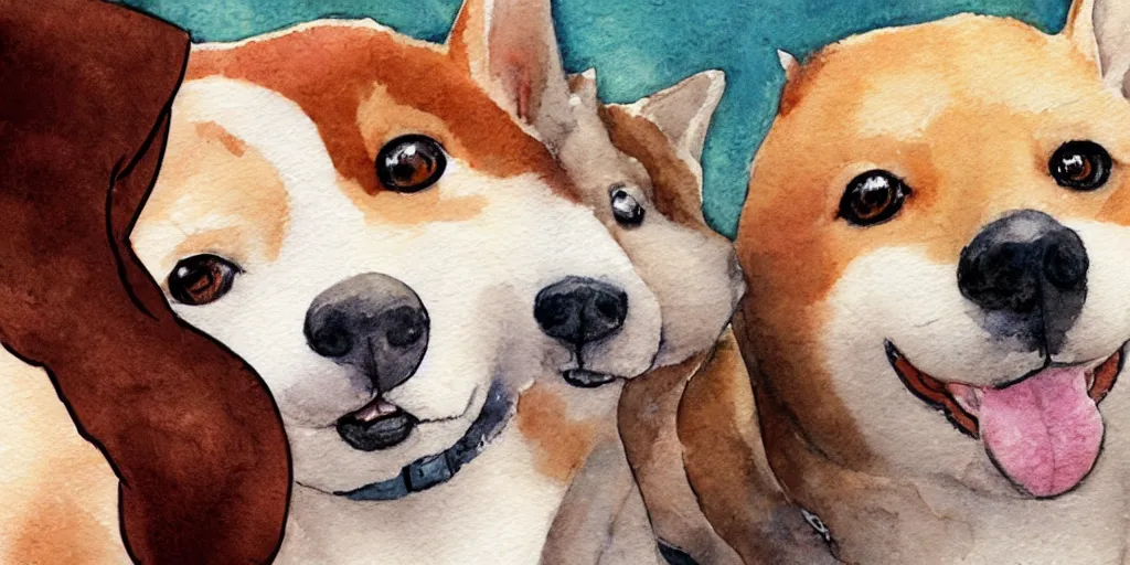 Image similar to a watercolor illustration of a girl with brown hair, hazel eyes and freckles, with a shiba inu