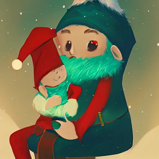 Prompt: little elf boy sitting on santa's lap, art made by lois van baarle