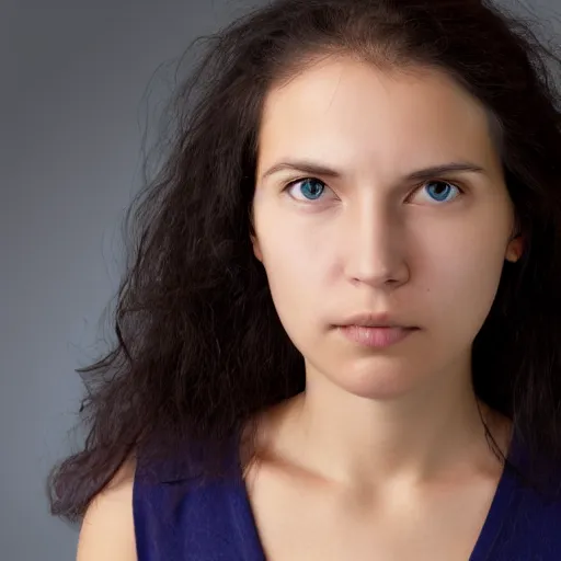 Prompt: Frontal portrait of a woman without distinct pupils: her eyes are entirely white.