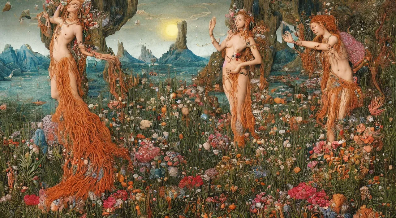 Prompt: a meditating druid mermaid surrounded by flowers. her skin is covered in scales and feathers. landscape with mountains, river and burning stars. painted by jan van eyck, max ernst and ernst haeckel, trending on artstation, 8 k, award winning, hard lighting, fashion editorial, mythology, photorealistic, ernst fuchs, bodhisattva