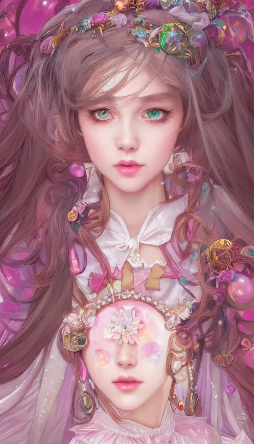 Image similar to portrait of magical lolita girl, dreamy and ethereal, expressive pose, big pink eyes, exciting expression, fantasy, intricate, elegant, many rainbow bubbles, rose tones, highly detailed, digital painting, artstation, concept art, cyberpunk wearing, smooth, sharp focus, illustration, art by artgerm and greg rutkowskiand alphonse mucha