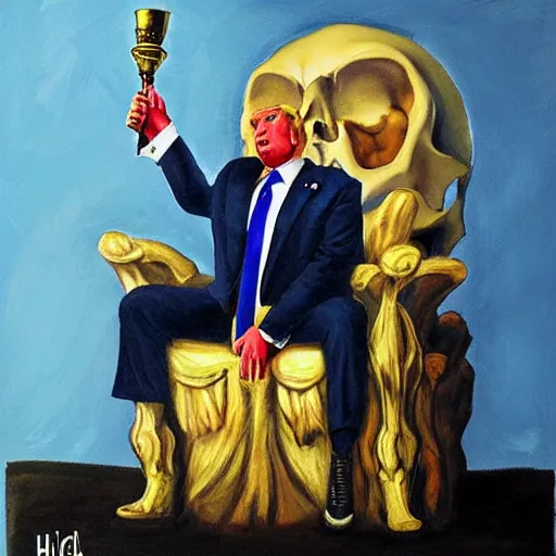 Image similar to Donald trump sitting upon the skull throne with a goblet of blood, oil painting h- 512 w- 512