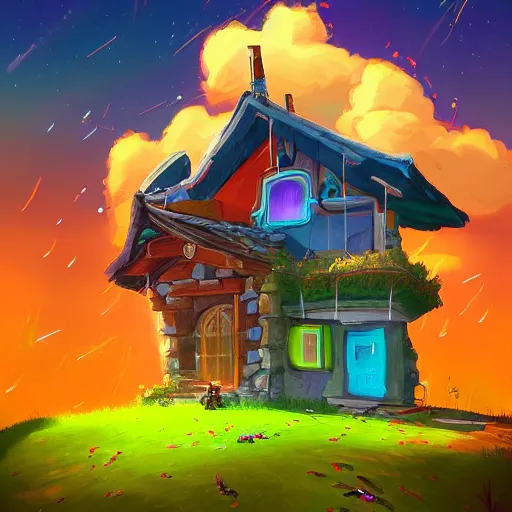 Image similar to beautiful 3 d painting of a colourful house on a hilltop at midnight with small fireflies flying around, breath of the wild, hyrule, inspired by cyril rolando, david wiesner, artstation, unreal engine