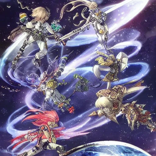 Prompt: final fantasy eidolons in space fighting each other, yoshitaka amano art