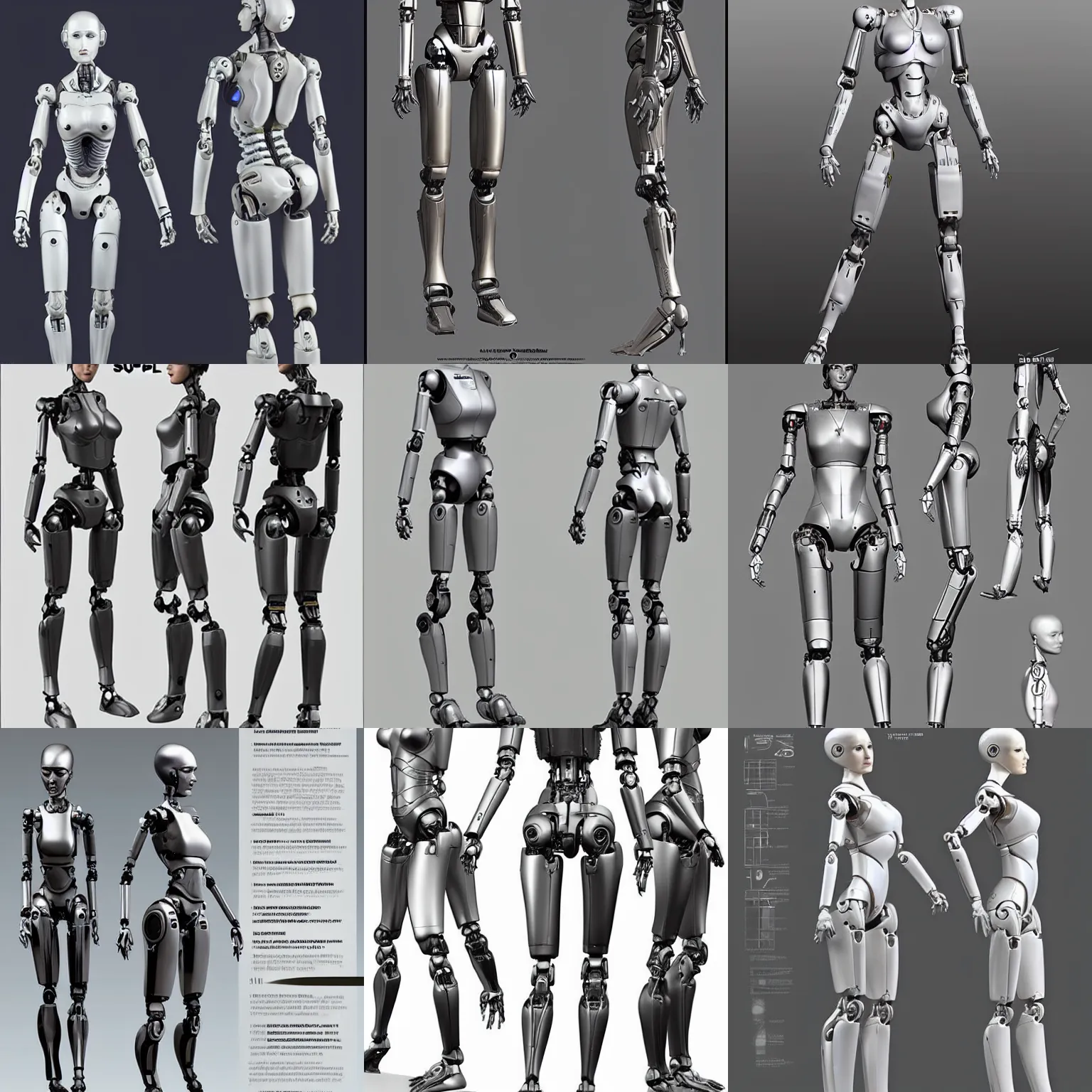 Prompt: super figurini di modastilizzati jl 4 6, beautiful female robot, modeling reference sheet by weta digital