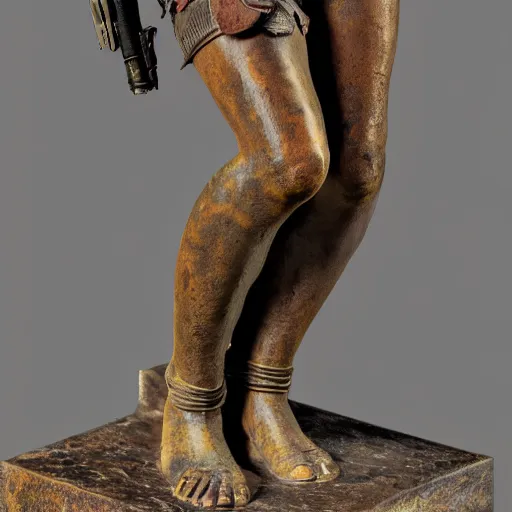 Image similar to detailed photo of an old bronze patina statue of a lara croft full body portrait, intricate detail, museum diffuse lighting