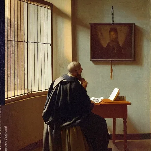 Prompt: An oil painting of a man sat at an escritoire desk with his hand touching an ammonite fossil, there is a window with muntins to his left and a wood closet behind him, in the style of The Astronomer by Vermeer, Dutch Golden Age, Old Masters