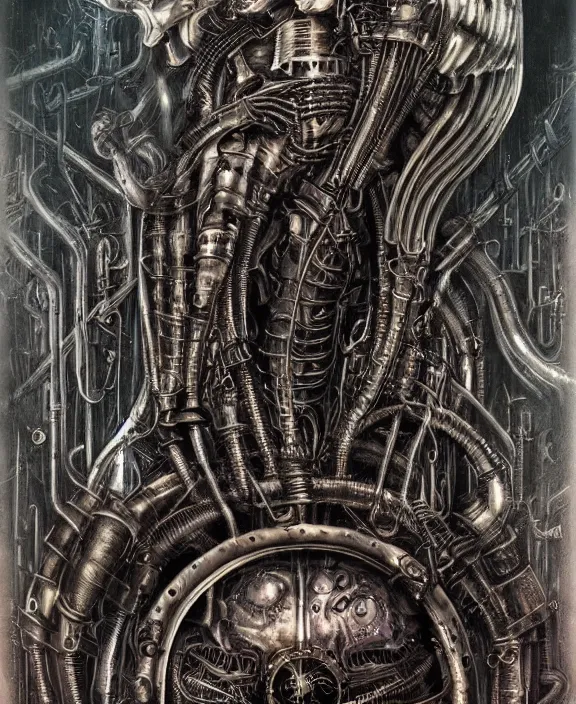 Image similar to a steampunk heavy metal album cover by hr giger