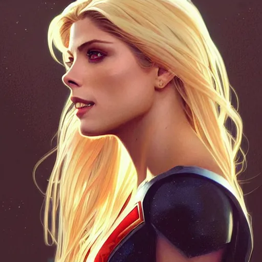 Image similar to Ashley Greene with blonde hair as Super Girl, western, D&D, fantasy, intricate, elegant, highly detailed, digital painting, artstation, concept art, matte, sharp focus, illustration, art by Artgerm and Greg Rutkowski and Alphonse Mucha