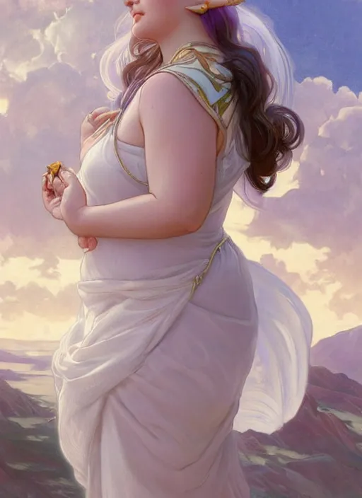 Image similar to a chubby white woman with pointed ears, wearing a white sundress, rainbow pastel clouds for hair, realistic painting by ross tran and gerald brom and alphonse mucha, artgerm, trending on artstation