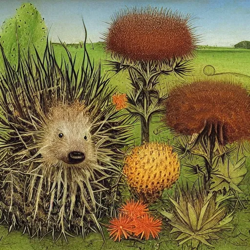 Prompt: Detailed painting by Albrecht Durer of a small corner of grass full of insects, thistles, dandelions, a snake and a hedgehog.