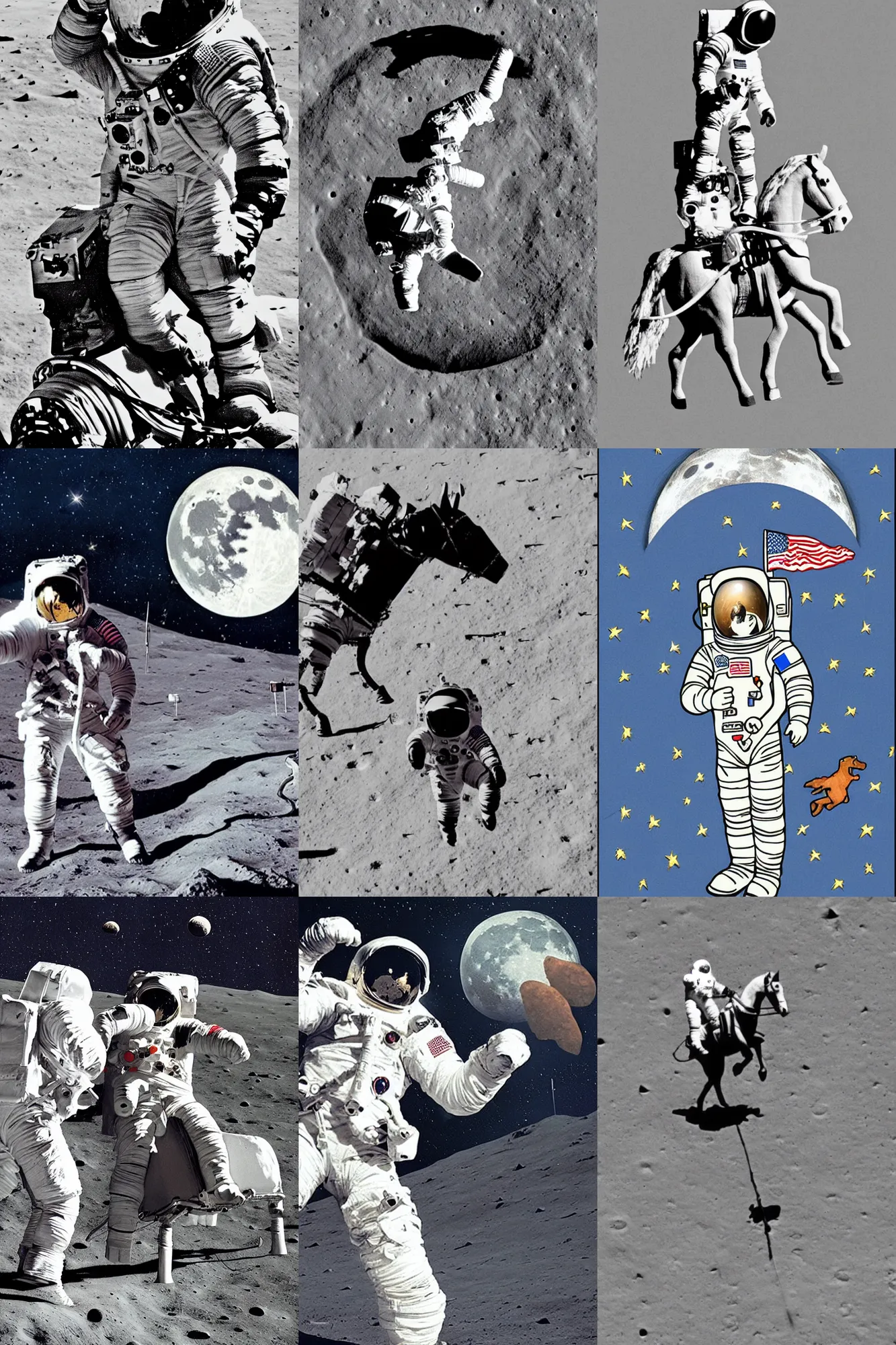 Prompt: astronaut on the moon, on the head of astronaut is a horse, horse on the astronaut, horse on the head,