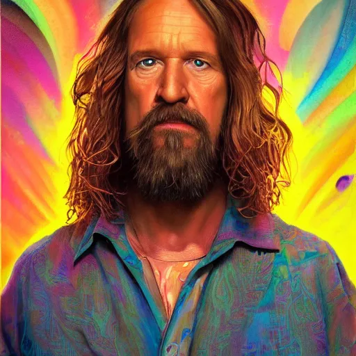 Prompt: a colorful closeup portrait of the dude from the big lebowski. he holds all the wisdom of the world in his eyes. dreamy vibes floating head and dreaming psychedelic hair. halo behind his head. trending on artstation. by peter mohrbacher and moebius and alex ross. intricate detail. hyperrealistic. photorealism. 8 k. flat design