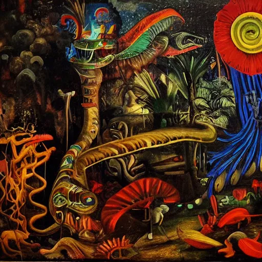 Prompt: high quality, high detail painting, dutch masterpiece, fluxus, blu, film noir, william s burroughs, scene in las pozas with quetzalcoatl at night, hd, muted lighting