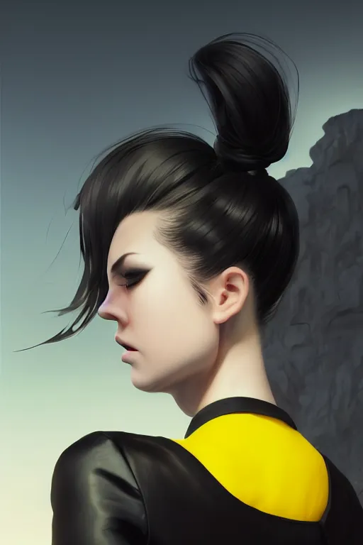 Image similar to black ponytail hair, pale woman in a black unzipped jacket, black shorts, yellow eyes, by artgerm, hair tied in a ponytail, black backdrop, masterpiece, beautiful render, matte painting, realistic, dynamic angle, wlop, loish, octane render, sharp focus, decadent, by greg rutkowski makoto shinkai