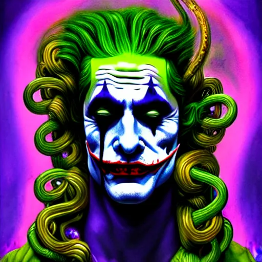 Image similar to an extremely psychedelic portrait of medusa as the joker, surreal, lsd, face, detailed, intricate, elegant, lithe, highly detailed, digital painting, artstation, concept art, smooth, sharp focus, illustration