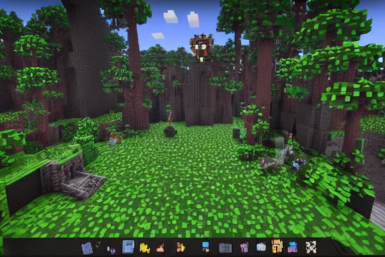 Image similar to screenshot of a 3d voxel art fps game with fantasy style woodland mansion with cogwheeled mechanic doors in an ancient forest