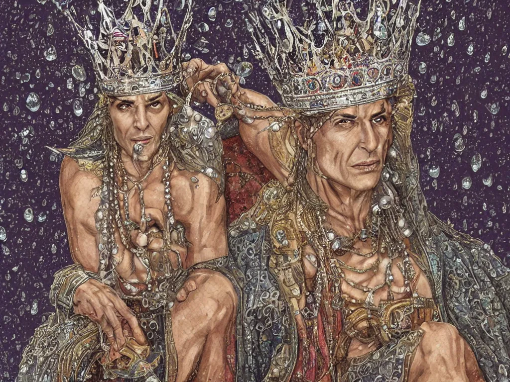 Image similar to an image of an old king wearing a crown of silver adorned with raindrops sitting in a throne of pearls in a mosaic adorned catacomb, victoria era dawn, art by terese nielsen, magali villeneuve, scott fischer