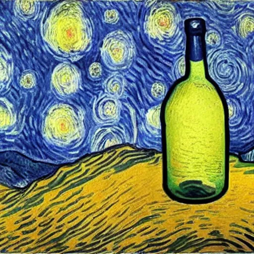 Image similar to a bottle on display filled by the sky painting by van gogh starry night, by van gogh