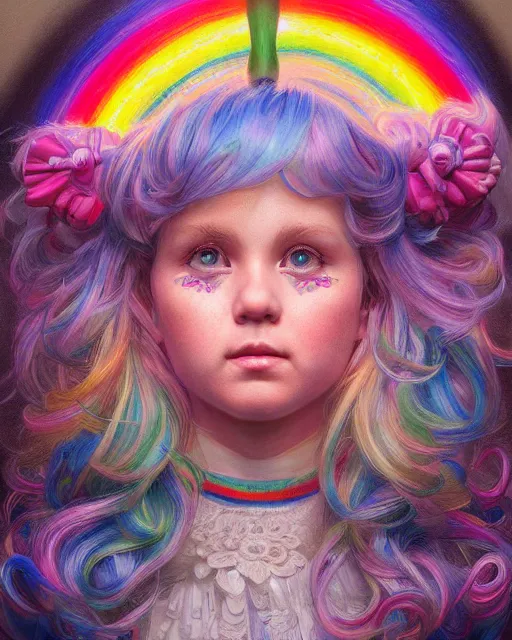 Image similar to rainbow brite portrait | highly detailed | very intricate | symmetrical | whimsical and magical | soft cinematic lighting | award - winning | closeup portrait | doll | painted by donato giancola and mandy jurgens and ross tran | pastel color palette | featured on artstation