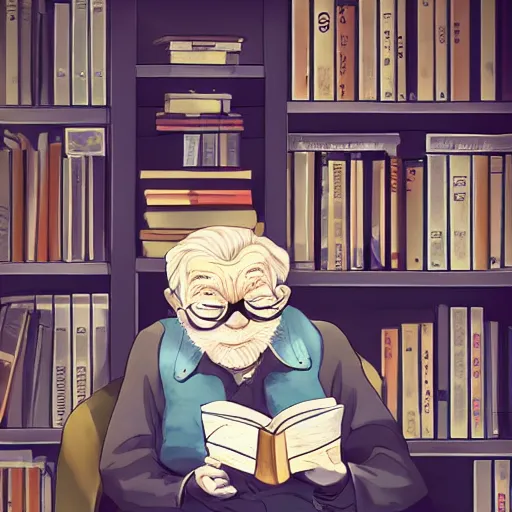 Prompt: detailed photorealistic bokeh cinematic artsy comical dynamic smooth detailed details 2 d illustration pictures a old man read manga while sitting on his library