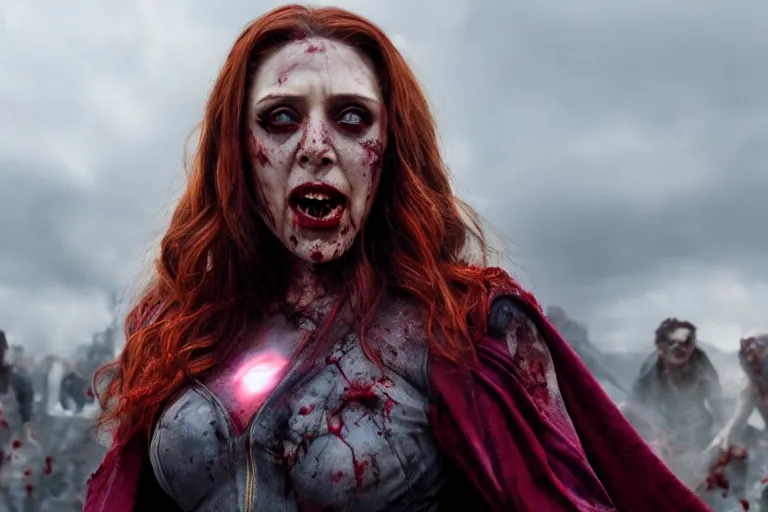 Image similar to film still of zombie zombie Scarlet Witch as a zombie in new avengers movie, 4k