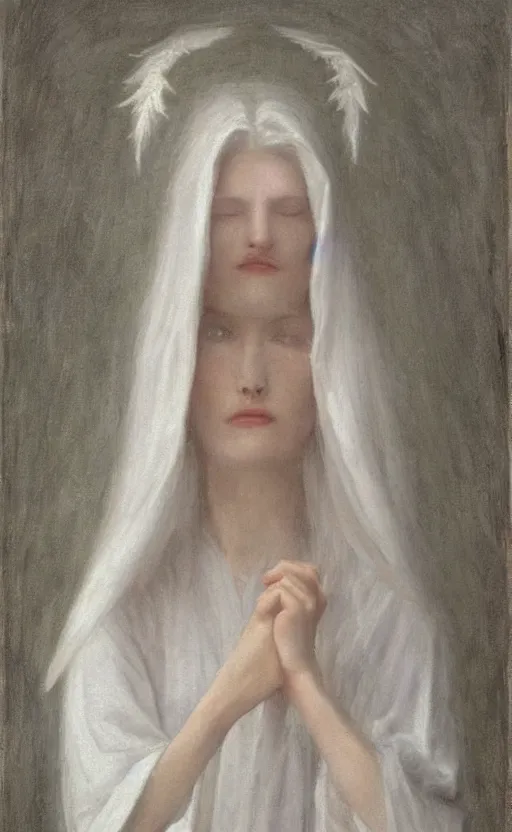 Image similar to say who is this with silver hair so pale and wan! and thin!? female angel, wearing white robes flowing hair, pale fair skin, you g face, silver hair, covered!!, clothed!! lucien levy - dhurmer, fernand keller, oil on canvas, 1 8 9 6, 4 k resolution, aesthetic!, mystery