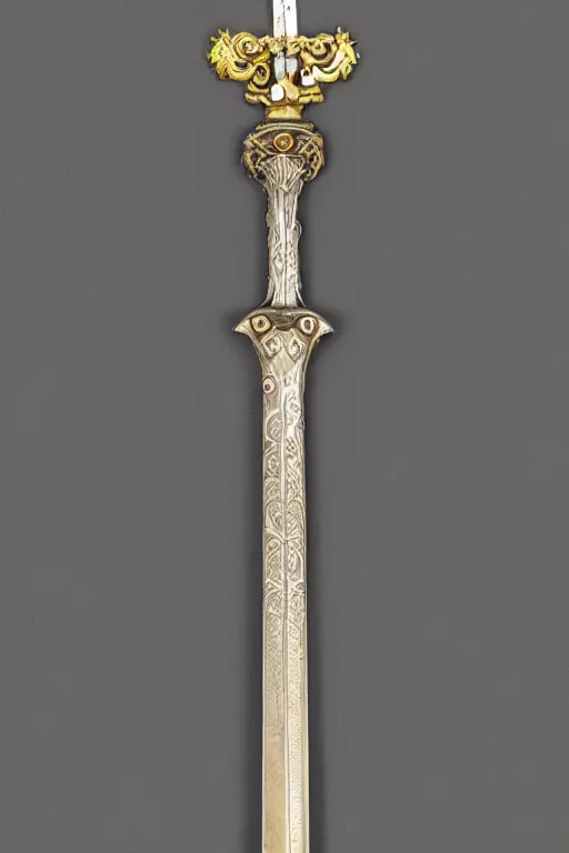 Image similar to sword of justice hanging on a wall, ornate gem in pommel, engraved blade