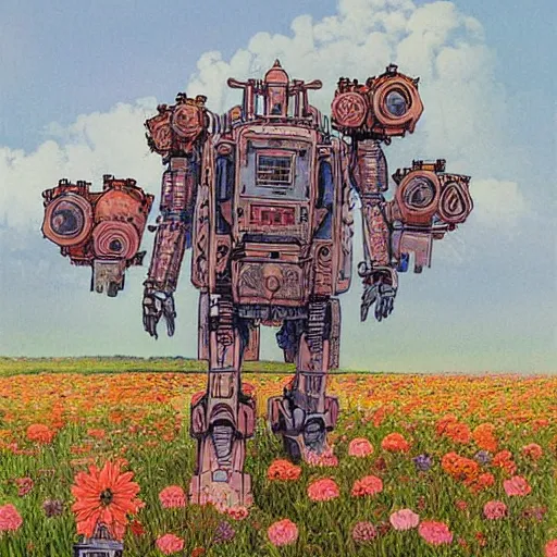 Prompt: a beautiful painting of a large walking mechanical mech castle in a field of flowers by moebius