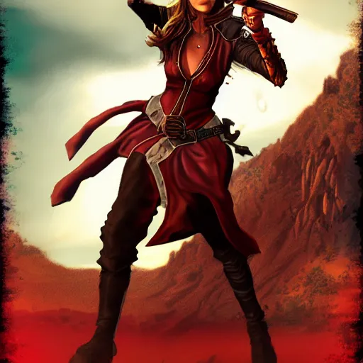 Prompt: Fantasy digital art for magic the gathering card, action shot of a wild west witch with a revolver firing out a red magical spell. Background has wild west scenery behind her at night.