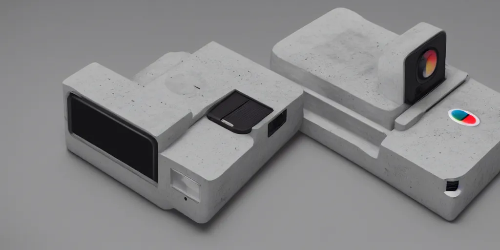 Image similar to a polaroid camera inspired by captain america, isometric design, made of concrete, 3 d product render