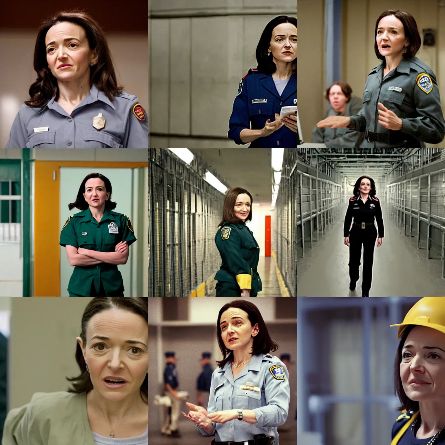 Image similar to Movie still of Sheryl Sandberg as a prison guard in the movie The Panopticon