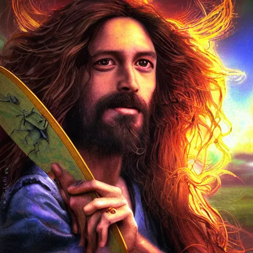 Image similar to UHD photo portrait of a Jesus skateboarding , stoner rock, extremely detailed, 8k, cinematic lighting, in the style of Amano and Ayami Kojima, with vivid colors and rich composition