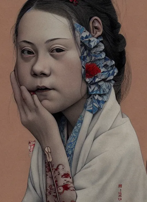 Image similar to detailed portrait of greta thunberg as a geisha eating cakes, trending on artstation elite, elegant, luxury, by krenz cushart, junji ito, takato yamamoto, perfect face, fine details, realistic shaded, fine - face, pretty face