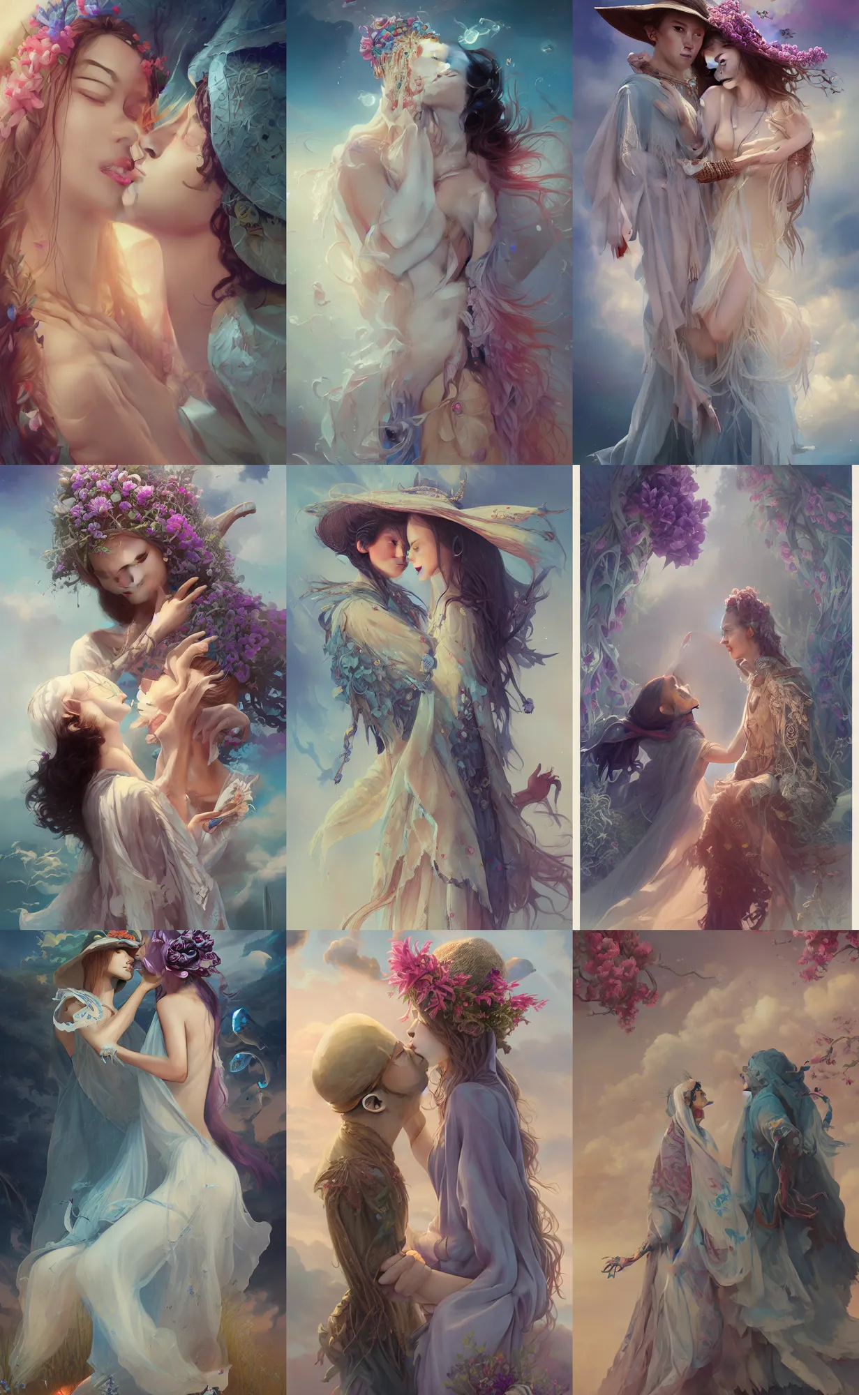 Prompt: bestselling movie poster, official media,a smooth cinematic beautiful closeup moment of lovers saying goodbye wearing boho poncho and sunhat with hyacinths, full body portrait and simple form, smooth shapes, pixiv, pete mohrbacher and artgerm and wlop, digital art, highly detailed, intricate, fantasy, mystical, sharp focus, Trending on Artstation HQ, deviantart, unreal engine 5, 4K UHD image,1990s fashion, official anime media, cinematic lighting, artstation consept artwork by doja cat, charlie bowater, waterhouse, ,greg rutkowski, wong kar wai