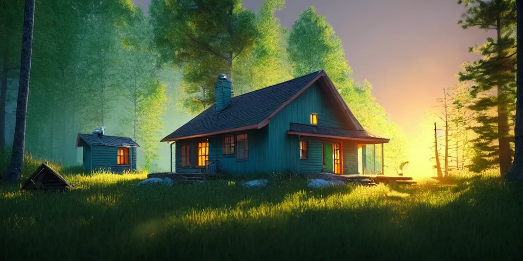 Image similar to a cozy little house in the woods, relaxing, 3 d concept art by scott zenteno, chill, relaxing, peaceful, sunset, extremely detailed art, unreal engine 5, hyper realism, blue - green aesthatic