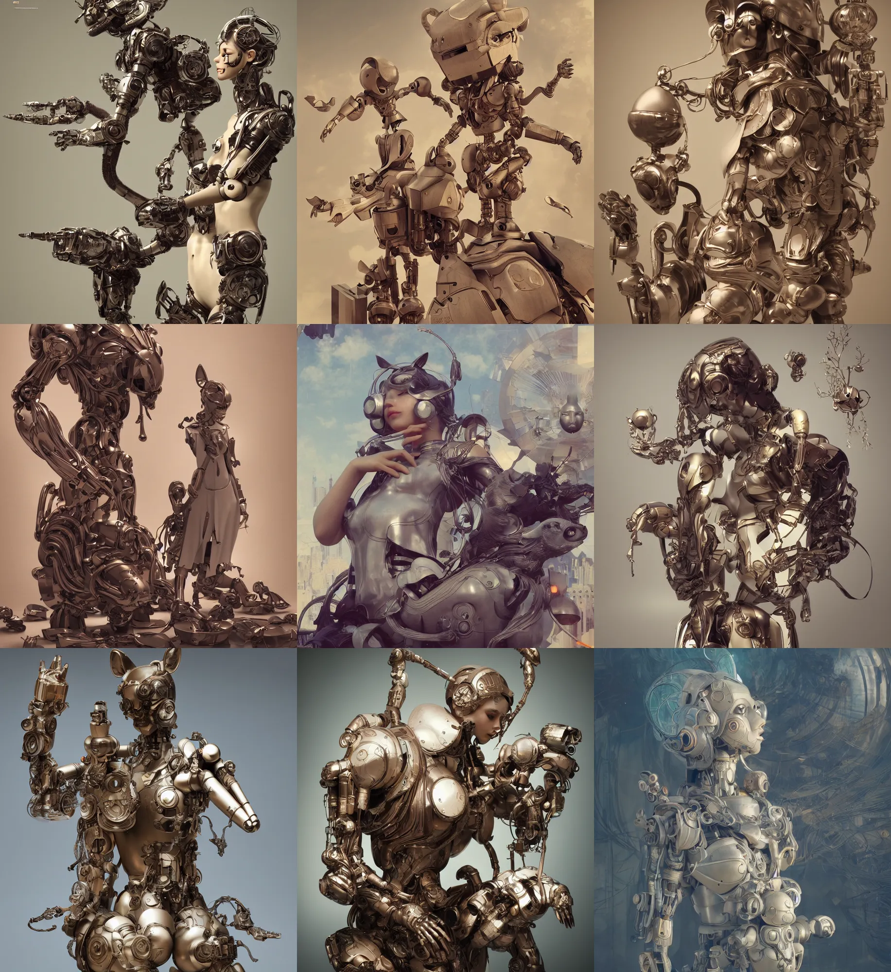 Prompt: 3D octane render ultra 8K photorealistic hyperdetailed unreal engine ,a wooden sculpture ,art toys on feet ,very cute robot mystic with bird and cat ears heroic pose ,zen meditation ,cyberpunk ,concept art ,trending on cgsociety ,artwork masterpiece , a on contemporary art gallery and néo Paris ,by Alphonse Mucha