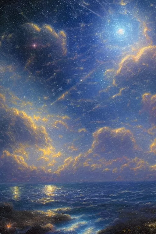 Prompt: sea and night sky with stars and galaxies, ornate detailed background, trending on artstation, by thomas kinkade