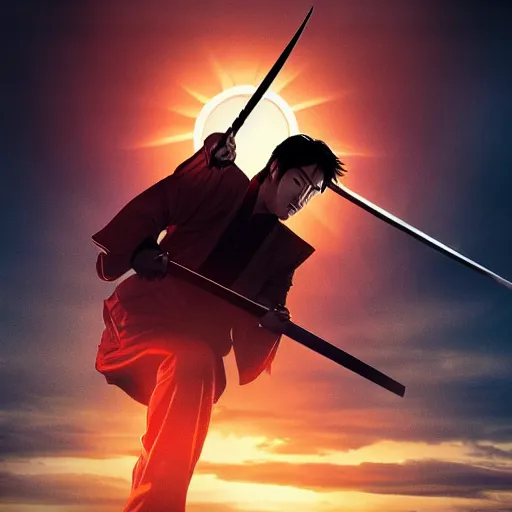 Image similar to epic movie cover depicting a samourai facing the sunset, cinematic lighting